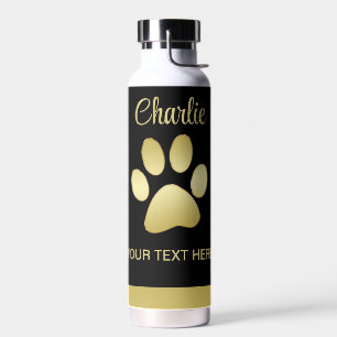 Gold Shiny Dog Paw on black background Water Bottle