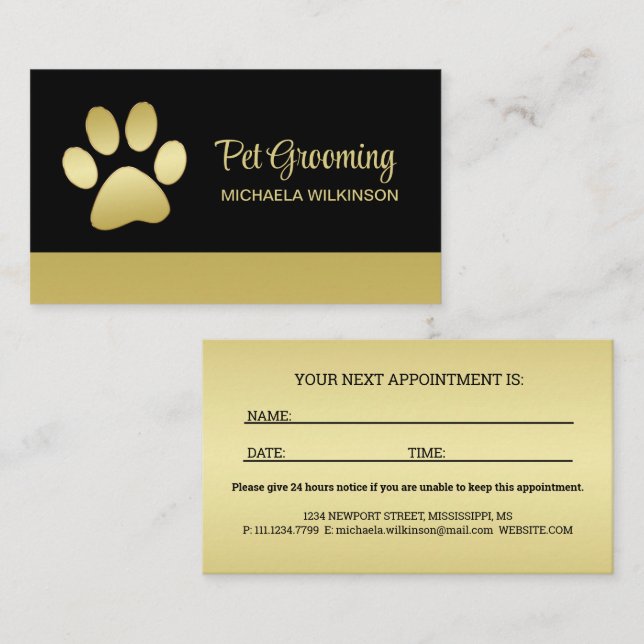  Gold Shiny Dog Paw on black Pet Grooming Service  Appointment Card (Front/Back)