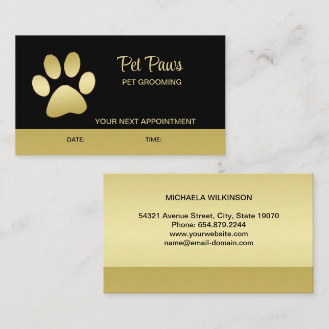  Gold Shiny Dog Paw on black Pet Grooming Service  Appointment Card (Front/Back)