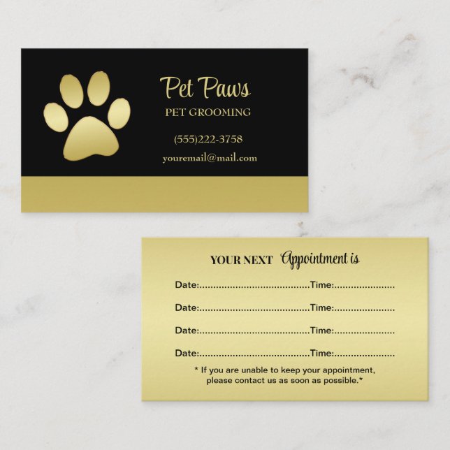  Gold Shiny Dog Paw on black Pet Grooming Service  Appointment Card (Front/Back)