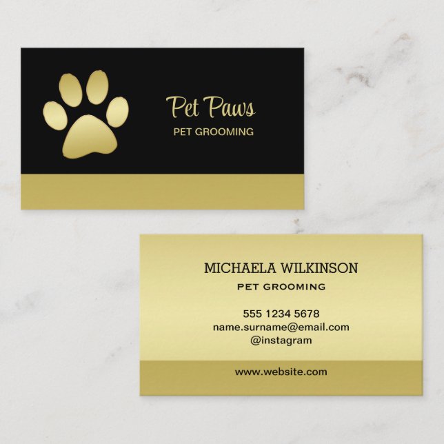  Gold Shiny Dog Paw on black Pet Grooming Service  Business Card (Front/Back)