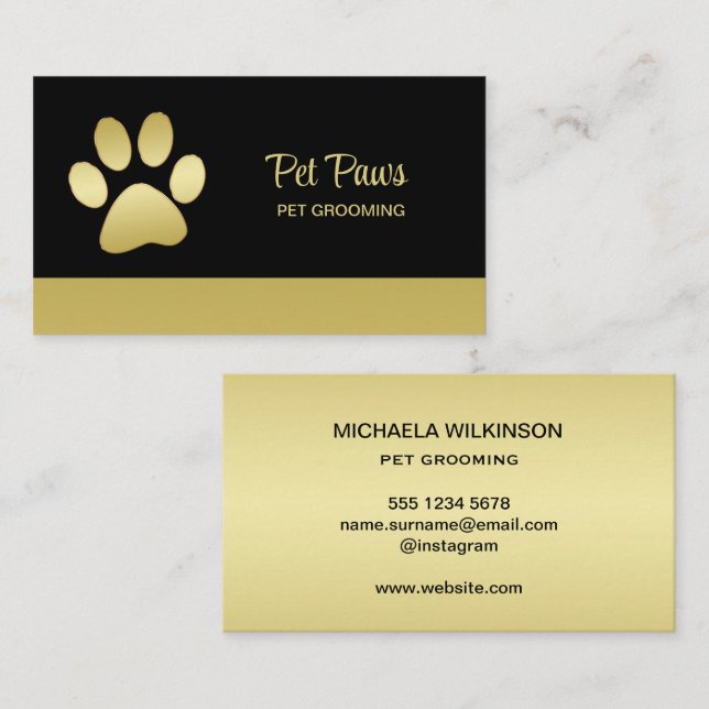  Gold Shiny Dog Paw on black Pet Grooming Service  Business Card (Front/Back)
