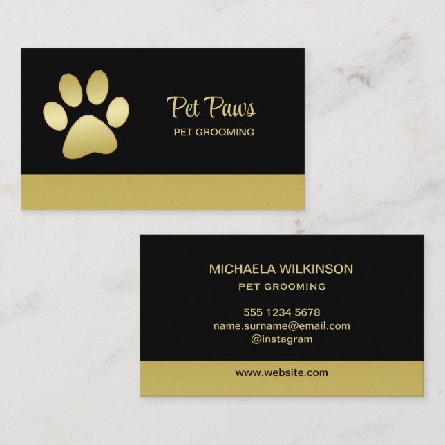  Gold Shiny Dog Paw on black Pet Grooming Service  Business Card (Front/Back)