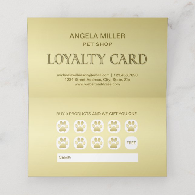  Gold Shiny Dog Paw on black Pet Grooming Service  Loyalty Card (Inside Unfolded)