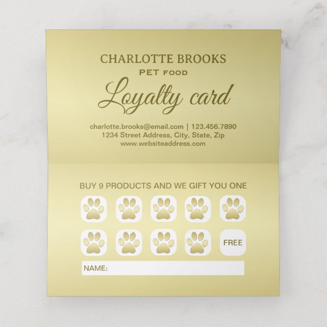  Gold Shiny Dog Paw on black Pet Grooming Service  Loyalty Card (Inside Unfolded)