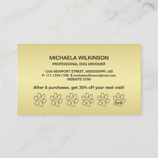 Gold Shiny Dog Paw on black Pet Grooming Service Loyalty Card (Back)