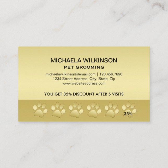  Gold Shiny Dog Paw on black Pet Grooming Service  Loyalty Card (Back)