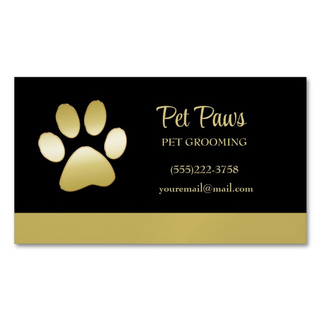  Gold Shiny Dog Paw on black Pet Grooming Service  Magnetic Business Card (Front)