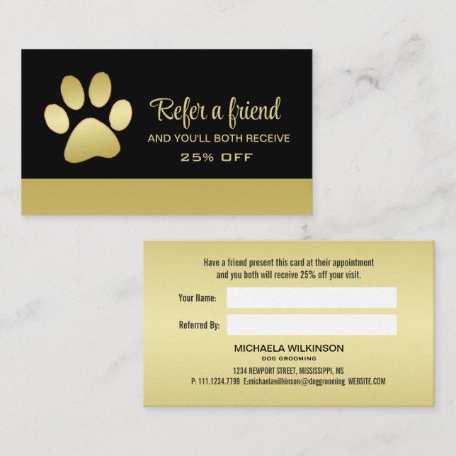  Gold Shiny Dog Paw on black Pet Grooming Service  Referral Card (Front/Back)