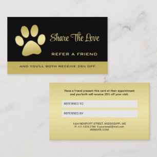 Gold Shiny Dog Paw on black Pet Grooming Service Referral Card
