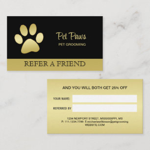 Gold Shiny Dog Paw on black Pet Grooming Service  Referral Card