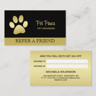 Gold Shiny Dog Paw on black Pet Grooming Service Referral Card