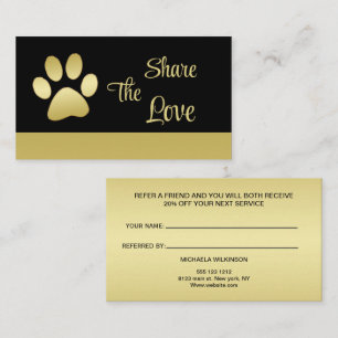 Gold Shiny Dog Paw on black Pet Grooming Service Referral Card