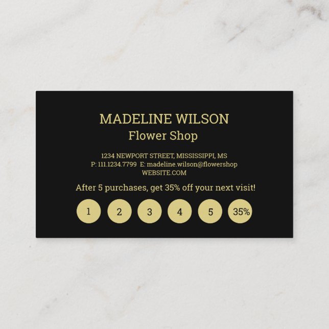 Gold Shiny Flower Palm Leaves on black  Loyalty Card (Back)