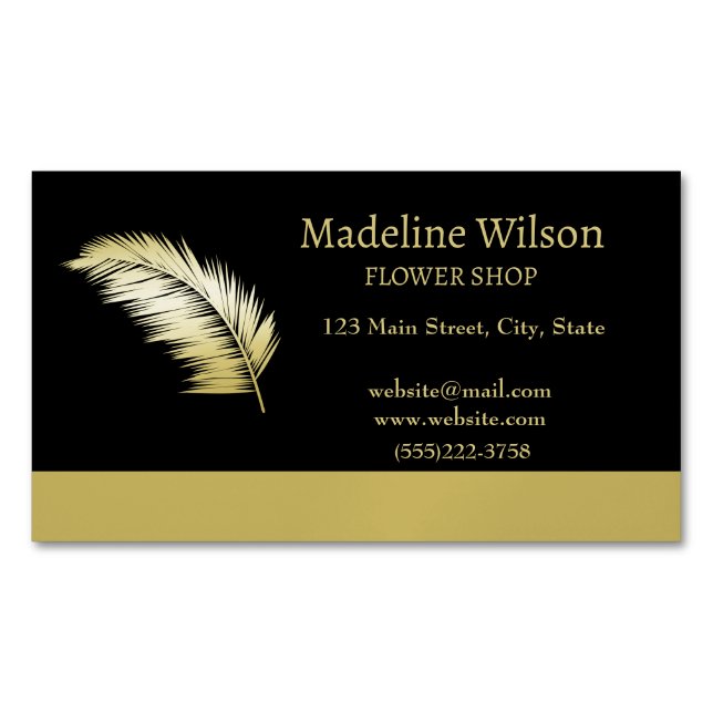 Gold Shiny Flower Palm Leaves on black  Magnetic Business Card (Front)