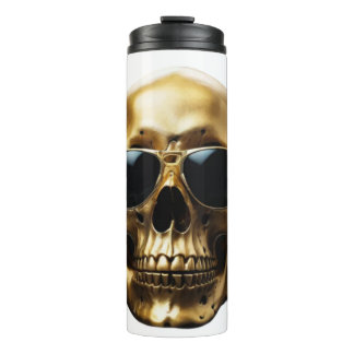 Gold shiny metallic 3D skull with sunglasses Thermal Tumbler
