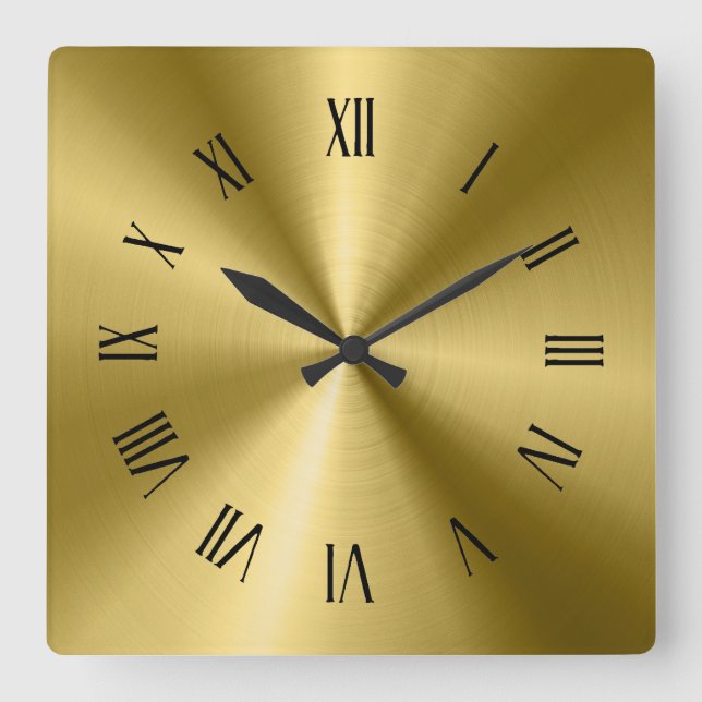 Gold Shiny Metallic Texture Roman Numerals Square Wall Clock (Front)