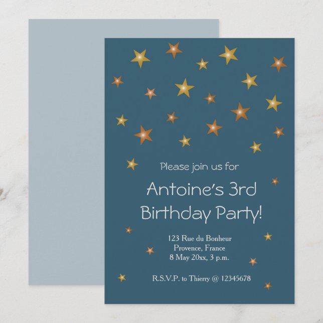 Gold Shiny Stars Dark Blue Baby Kids Birthday Invitation (Front/Back)