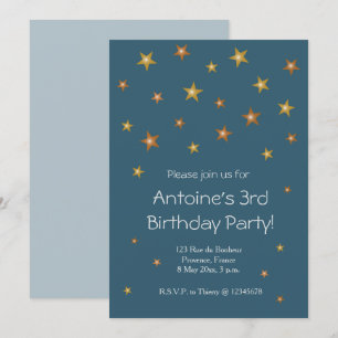 Gold Shiny Stars Dark Blue Baby Kids Birthday Invitation