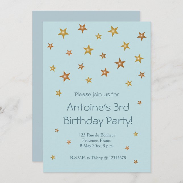 Gold Shiny Stars Light Blue Baby Kids Birthday Invitation (Front/Back)