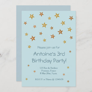 Gold Shiny Stars Light Blue Baby Kids Birthday Invitation