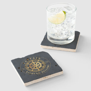 Gold Ship Wheel Stone Coaster