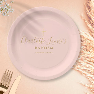 Gold Signature Baptism Christening Blush Pink Pape Paper Plate