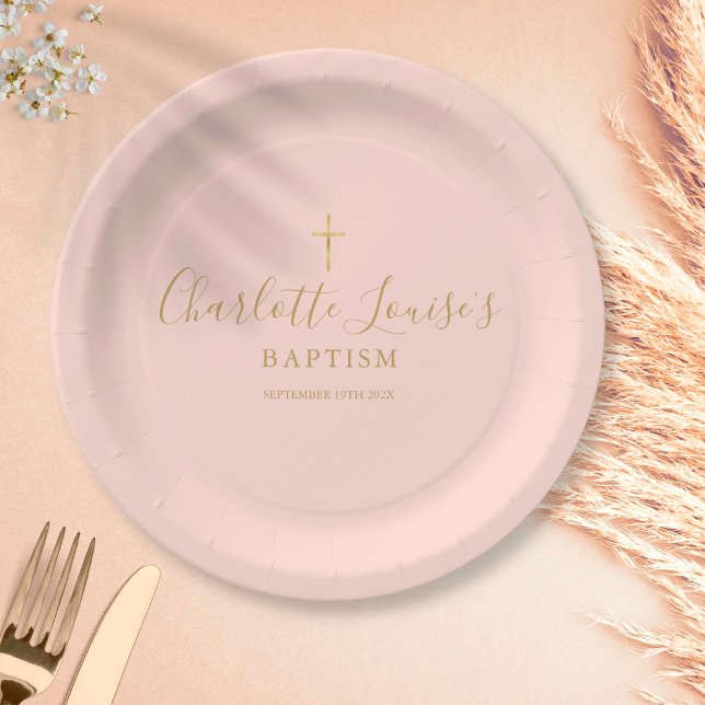 Gold Signature Baptism Christening Blush Pink Pape Paper Plate (Creator Uploaded)