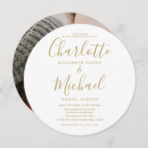 Gold Signature Script Circular Photo Wedding Invitation