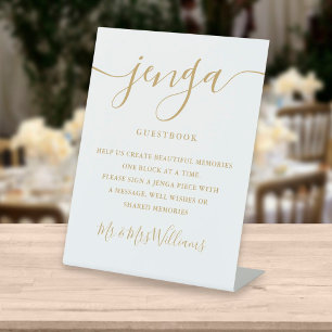 Gold Signature Script Jenga Wedding Guestbook Pedestal Sign