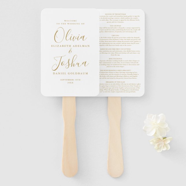 Gold Signature Script Jewish Wedding Hand Fan (Front and Back)