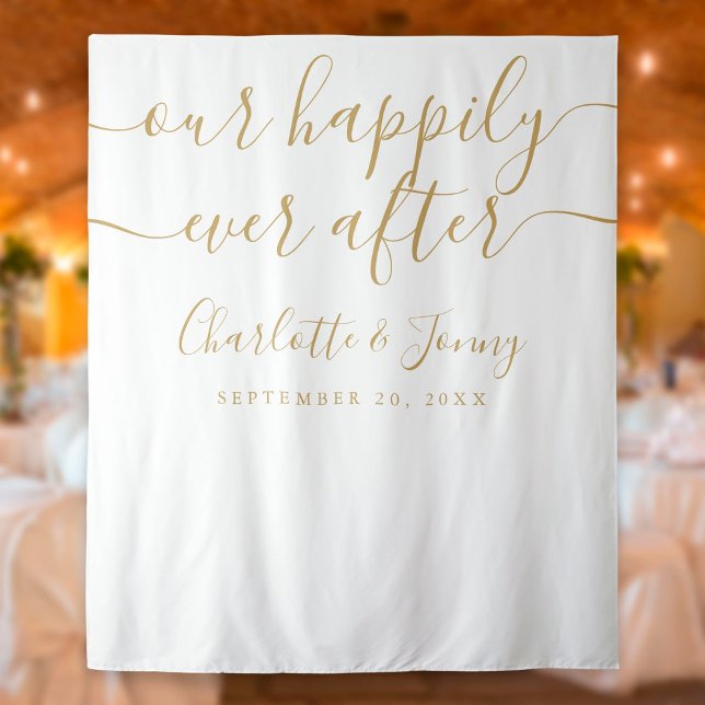 Gold Signature Script Wedding Photo Booth Backdrop Tapestry (Creator Uploaded)