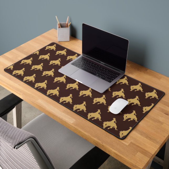 Gold Silhouette Bucking Horse Cowboy on Brown Desk Mat (Office 2)