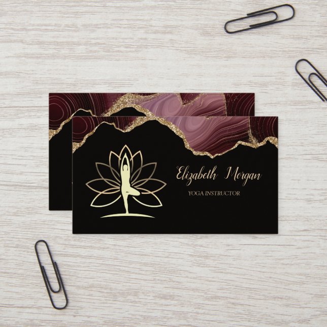  Gold Silhouette,Burgundy Agate,Yoga Business Card (Front/Back In Situ)