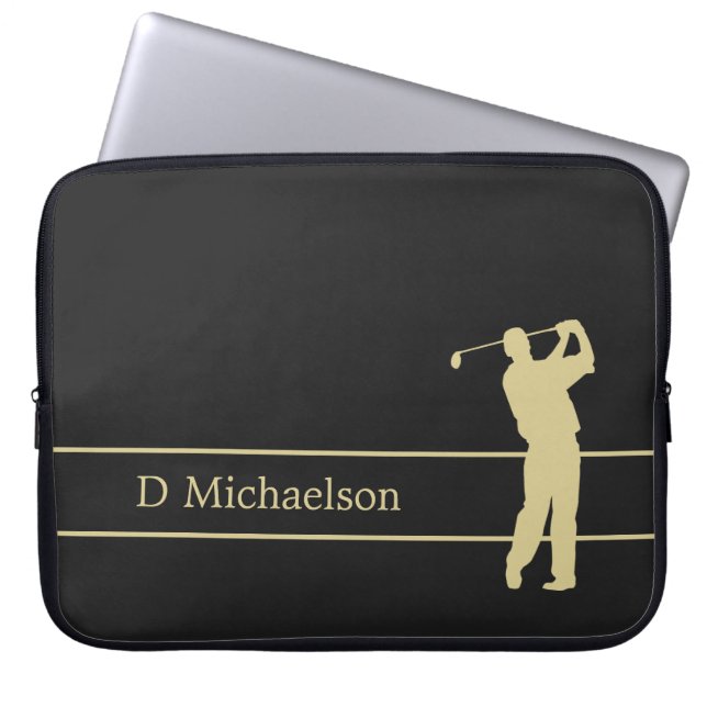 Gold Silhouette Golfer on Black Laptop Sleeve (Front)