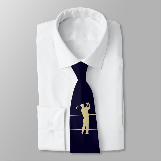 Gold Silhouette Golfer on Navy Blue Neck Tie (Tied)