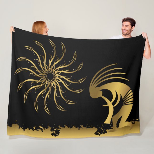Gold Silhouette Kokopelli Fleece Blanket (In Situ)