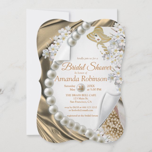 Gold Silk  & Ivory Pearls Bridal Shower Invitation (Front)
