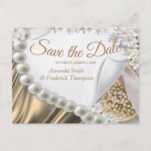 Gold Silk & Ivory Pearls Save the Date Announcement Postcard