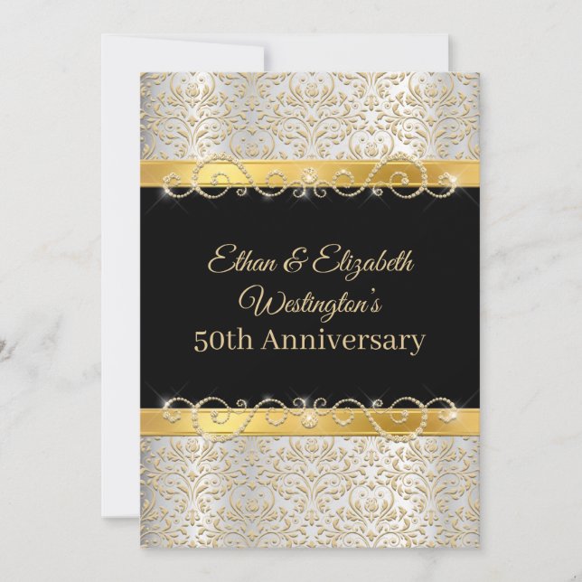 Gold Silver and Black Diamond 50th Anniversary Invitation (Front)