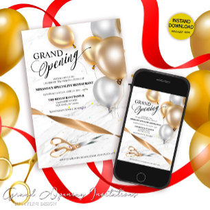 Gold Silver Balloons Grand Opening Ribbon Cutting Invitation
