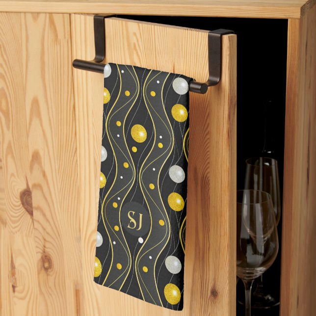 Gold Silver Black Art Deco Pattern Tea Towel (Thirds Fold)