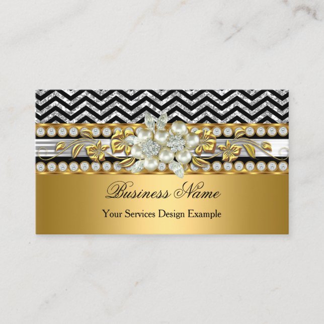 Gold Silver Black Chevron Diamond Pearl Floral Business Card (Front)