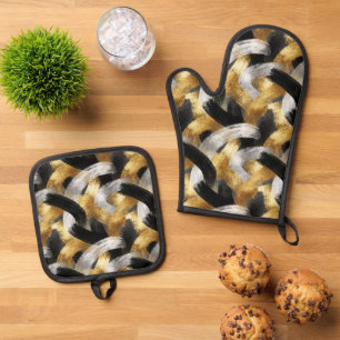 Gold Silver Black Christmas Celebration Oven Mitt & Pot Holder Set