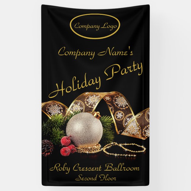 Gold, Silver, Black Corporate Holiday Party Banner (Vertical)