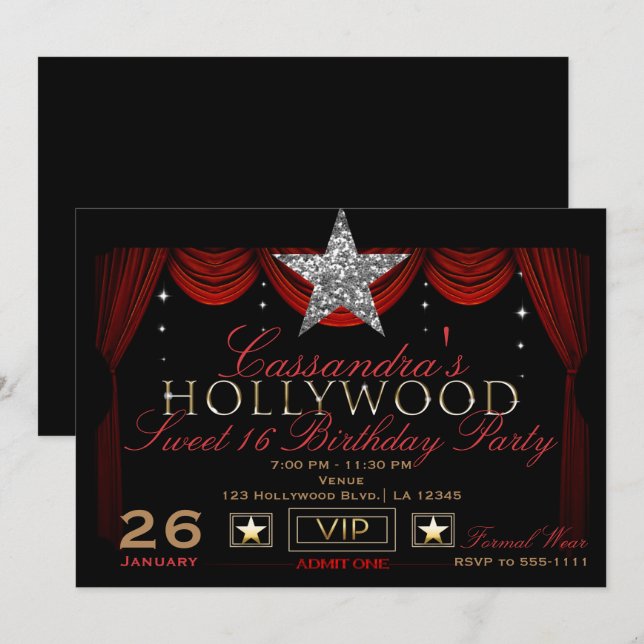 Gold Silver Black & Red Hollywood Birthday Party Invitation (Front/Back)