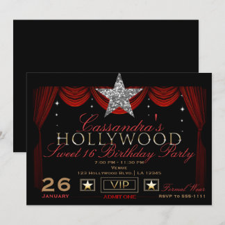 Gold Silver Black & Red Hollywood Birthday Party Invitation