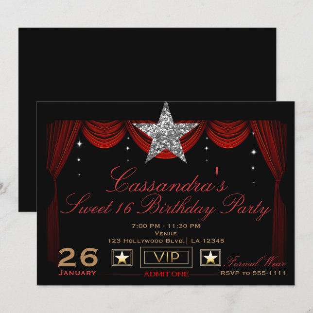 Gold Silver Black Red VIP Admit One Birthday Party Invitation (Front/Back)