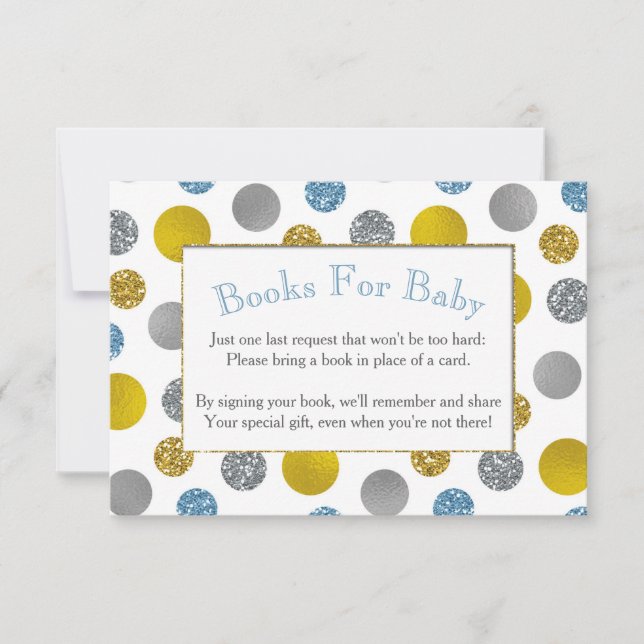 Gold Silver Blue Dots Baby Shower Book Card (Front)