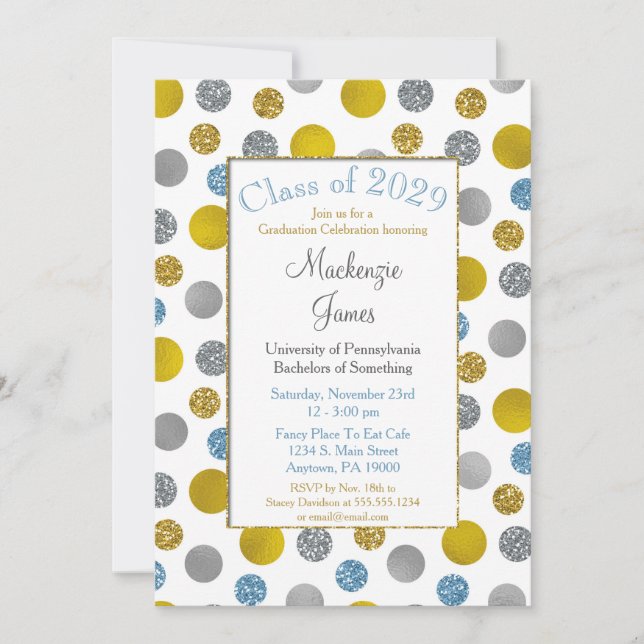 Gold Silver Blue Dots Graduation Invitation (Front)